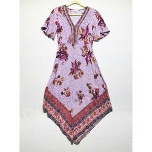Maurices Purple Floral Rose Short Sleeve Assymetrical Hem V-neck Dress Womens XS
